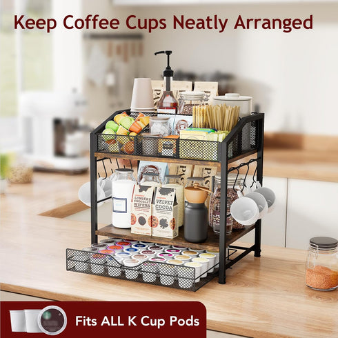 Countertop 42 Homsorout Coffee Bar Organizer - Coffee Station, K Cup holder Storage Basket with Drawer and Hooks