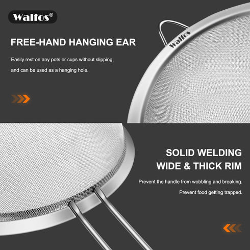 Walfos Fine Mesh Strainers Set, Premium Stainless Steel Colanders and Sifters with Reinforced Frame, Perfect for