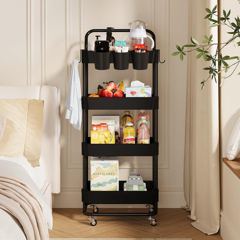 4-Tier Buzowruil Rolling Utility Cart, Storage Cart with Handle Multi-Purpose and Locking Wheels,with Hanging Basket