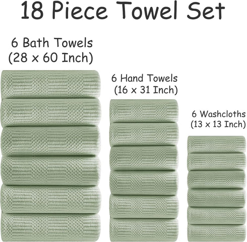 18 Set-6 Sheets,6 Towels,6 Set Pcs Green Woven Family Towels Bath Hand Washcloths Soft Polyester Towels Absorbent