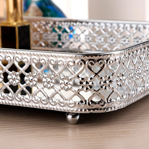 ELLDOO Mirror Tray, Hollow-Carved Jewelry Tray for Vanity, Glass Metal Trinket Storage Organizer for Bathroom