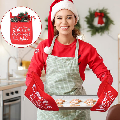 10 Pcs Christmas Pot Holders with Pocket, Heat Resistant Oven Mitts, Red & Green, for Kitchen Baking