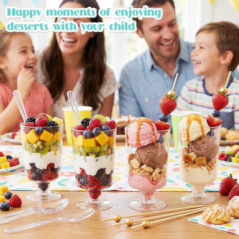 220 4 oz Pcs Mini Dessert Cups with Spoons and Bamboo Skewers, Round Clear Plastic Parfait Shooter Cups for Parties