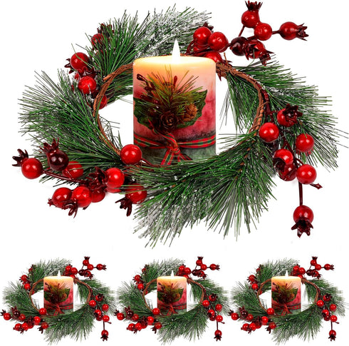 Christmas Candle Rings Wreath, 4.3" 4 PCS, Red Artificial Berry Table Decorations for Holiday Decor