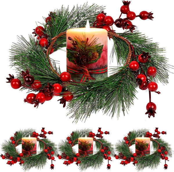 Christmas Candle Rings Wreath, 4.3" 4 PCS, Red Artificial Berry Table Decorations for Holiday Decor