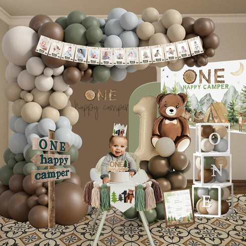 HYCSANBAO 1st One Happy Camper Birthday Decorations, Camping Birthday Party Supplies with Balloon Arch Balloon Box