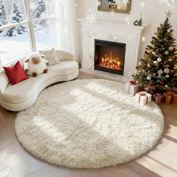 PAGISOFE Cream White Round Rugs 5Ft, Fluffy Shaggy Ivory Carpets, Rugs for