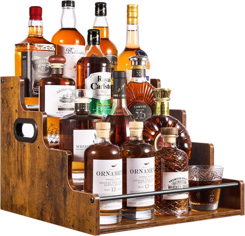YQBRAO 4-Tier Tiered Liquor Bottle Display Shelf - 16-Inch Rustic Wood Liquor Rack