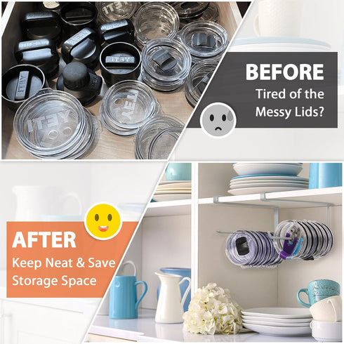 2 Pack 20 Tumbler Lid Organizer, Horizontal Tumbler Lid Storage Hook Up to Lids, Space Saving Cup Lid Holder Under