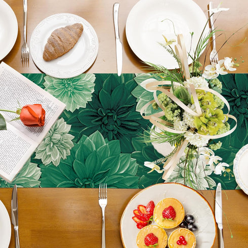 Summer 13x90 Inch Deep Green Dahlia Flower Spring Table Runner Green Gray Burlap Table Runners, Floral Seasonal Coffee