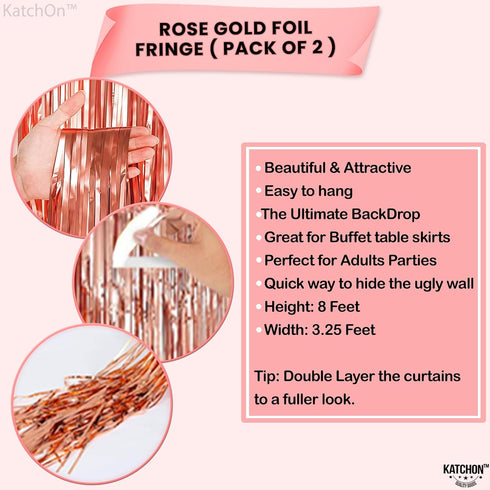KatchOn Rose Gold Fringe Curtain, XtraLarge 3.2x8 Feet, Pack of 2 | Rosegold Backdrop for Anniversary, Wedding,