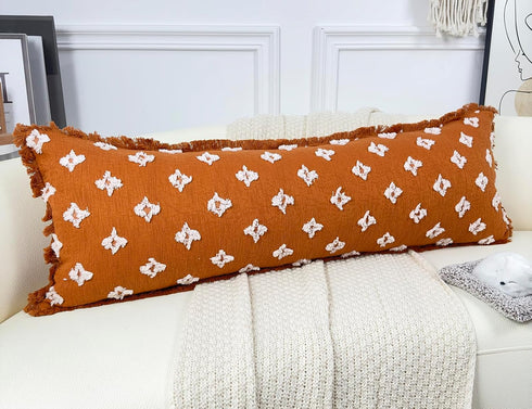 Boho Long Lumbar Pillow Cover 12x48 with Tassel Fringe,3D Flower Patterned Extra