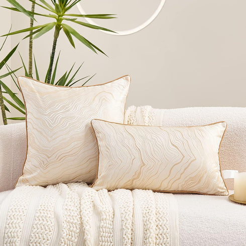 Avigers 18 x 18 Inch Square Beige Gold Abstract Striped Embroidery Cushion Case - Luxury Decorative Pillow Cover