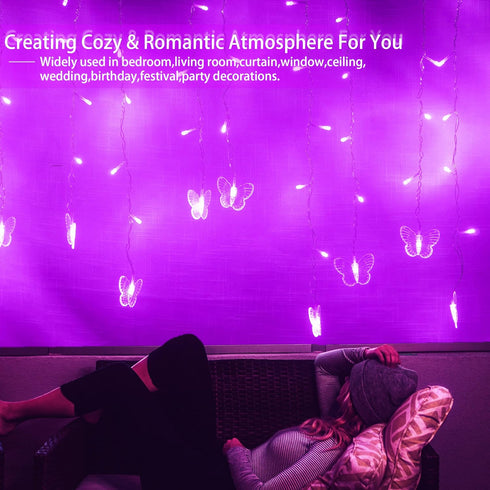 in,120 8 20FT Purple Butterfly Curtain Fairy Lights USB Plug LED Modes Firefly Twinkle Icicle String Lights with Remote