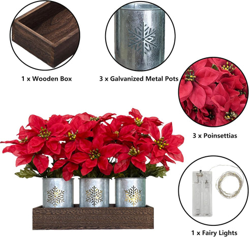 HEMYLU Poinsettias Artificial Christmas Flowers with LED Lights, Red Xmas Table Centerpiece in Pots and Wood Box
