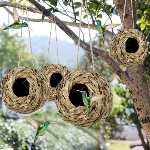 winemana 4 Pack Hanging Bird Nest House for Outside, Hand Woven Ball Shape, Durable Natural Grass for Garden Patio