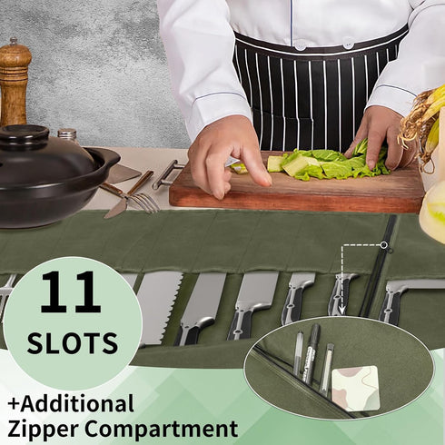 Chef Knife Roll Bag, Waterproof Waxed Canvas Case Holds Knives, Adjustable Strap, 11 Knife Slots, Large Zippered Pocket