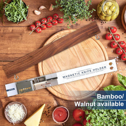 magnetic knife holder for wall—with 2 hooks, No Drilling 16 Inch Walnut wood knife magnetic strip, Extra Strong Magnet knife rack, include Adhesive Tape and screws for Kitchen