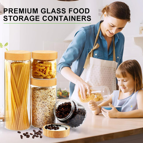 AISIPRIN Airtight Glass Jar with Lid - Glass Storage Containers with Screw On Bamboo Lids, 5Pcs Set