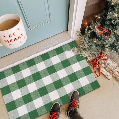 28 43 Inches Christmas Green & White Plaid Rug - x Outdoor Front Door Decor Mat Cotton Washable Hand-Woven Rug
