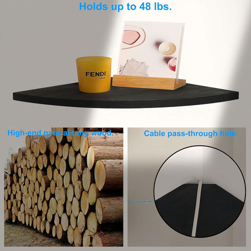12 inch Set 2 (Black-12 inch) JORIKCHUO Corner Shelf, of Solid Wood Corner Floating Shelves for Wall, Round End Wall