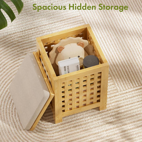 2-in-1 Bamboo End Table with Removable Cushion and Hidden Storage, Ottoman Side Table with Breathable Grid Design