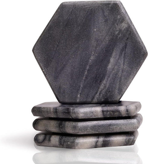 Mela Artisans Black Marble Coasters Set of 4 4-Inch Hexagon Stone Coasters