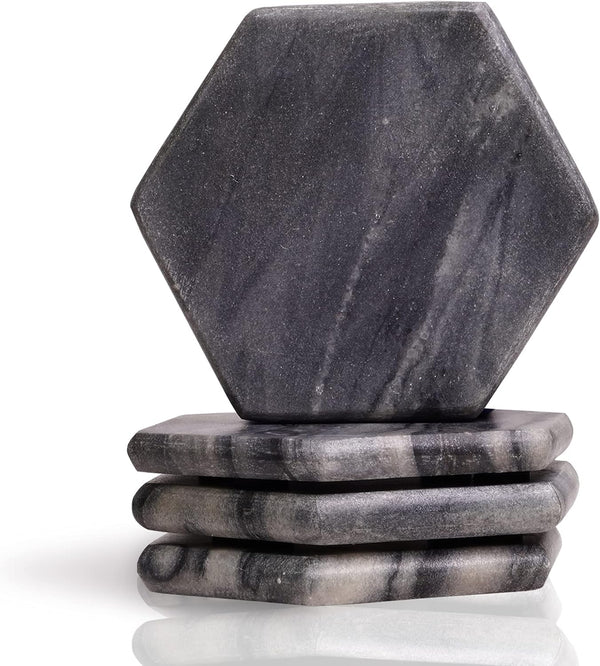 Mela Artisans Black Marble Coasters Set of 4 4-Inch Hexagon Stone Coasters