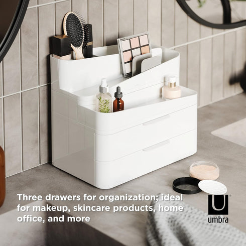 Umbra Glam Organizer, Large Makeup Organizer with Three Drawers, Rubber Feet and Removable Dividers, White/Grey