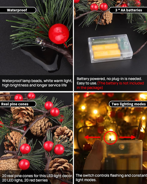 2 6.6 20 PCS Christmas Garland with Lights and Bigger Pine Cones, Led String Lights, Red Berries, Needle, Pine Cone