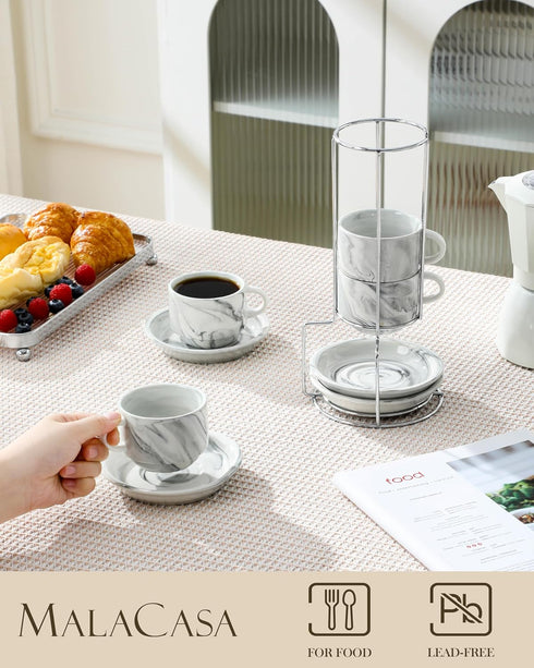 4 OZ Set 4, Set MALACASA Porcelain Espresso Cups with Saucers and Metal Stand of Stackable Cappuccino Cups, Marble Gray