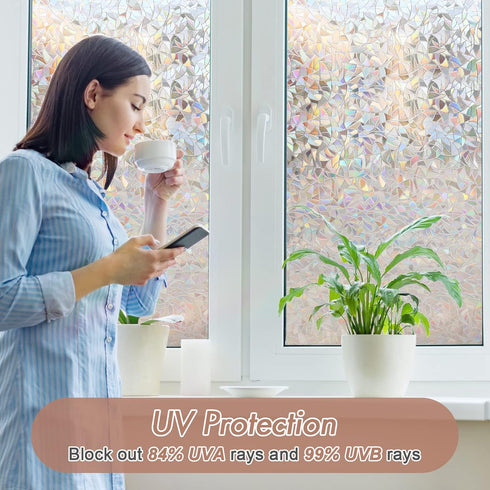 Haton Window Privacy Film, Stained Glass Rainbow Film, Static Cling Sun Blocking Stickers, 17.5" x 78.7"