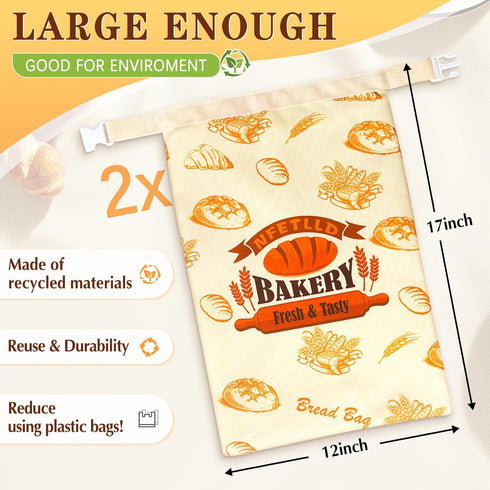 2 Packs 17x12 Inch Reusable Bread Bags for Homemade Bread, NFETLLD Homemade Sourdough Bags Storage Container Keep Loaf