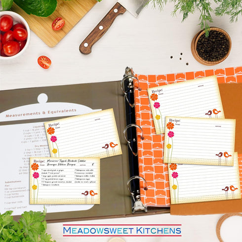 Meadowsweet Kitchens Recipe Card Set - 25 Double Sided 4 x 6 Inch Cards, Singing Birds