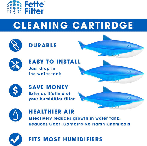 Fette Filter - Humidifier Cleaner in The Shape of a Shark, Demineralization Float Compatible with Most Humidifier and Fish Tank, Eliminates White Dust and Reduce Odor - Pack of 3