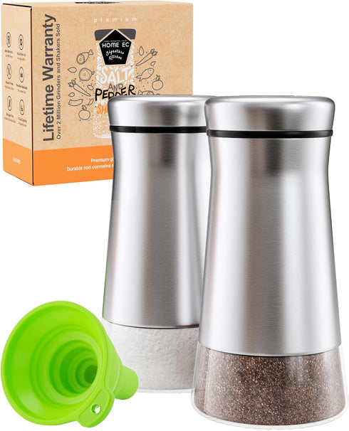 HOME EC Salt and Pepper Shakers Set, Adjustable Pour Holes, Glass and Stainless Steel Spice Dispenser