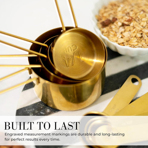 STYLED SETTINGS 8-Piece Gold Measuring Cups and Spoons Set, Stackable Brass Kitchen Accessories for Baking