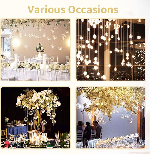 NUPTIO Set of 12 Hanging Glass Globe Candle Holders with LED Tea Lights - 2.36 inch Clear Votive for Party Decoration
