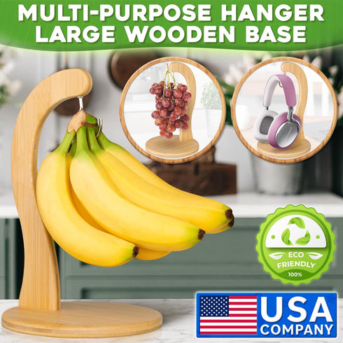 Countertop, Banana Holder w/ Hanging Hook, Rustic Wooden Grape Stand for Kitchen Bamboo Fruit Hanger To Keep Bananas