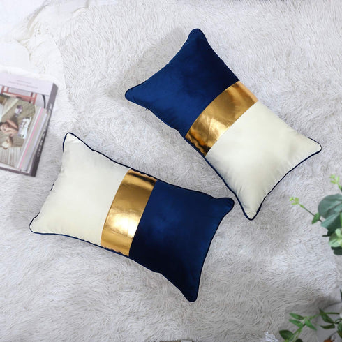 Navy Blue Beige Gold Leather Patchwork Velvet Throw Pillow Cover, Set of 2 Luxury Modern Home Decor Cushion Cover 12x20