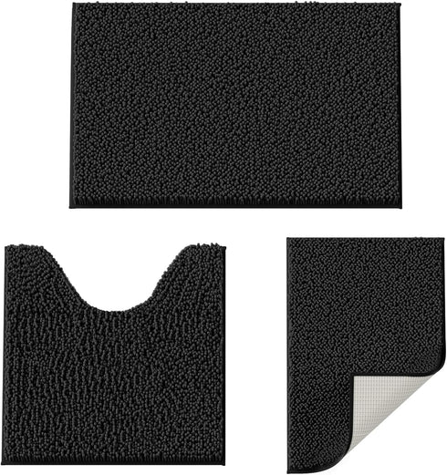 Black Bathroom Rugs Non-Slip Chenille Mat Set 3 Pieces Ultra Soft Absorbent Bath Carpet