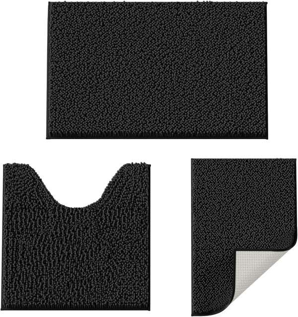 Black Bathroom Rugs Non-Slip Chenille Mat Set 3 Pieces Ultra Soft Absorbent Bath Carpet