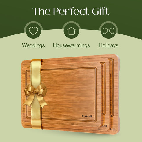 Set 3 Set Bamboo Cutting Boards for Kitchen of Non-Slip Wood Cutting Boards with Juice Groove Thick Organic Bamboo