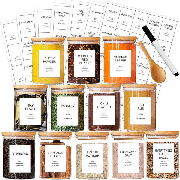 GPOVVIMX 12 Pcs Glass Spice Jars with Bamboo Airtight Lids and 191 Labels