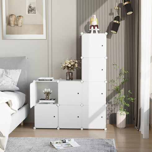 C&AHOME 8-Cube Storage Organizer with Doors, DIY Plastic Modular Bookshelf, 24.8" L × 12.4" W × 48.4" H, Milky