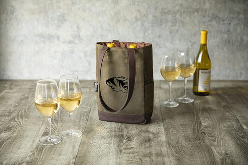 PICNIC TIME 2 Bottle Insulated Tote, Distressed Waxed Canvas Wine Gift Bag, Khaki Green with Beige Accents