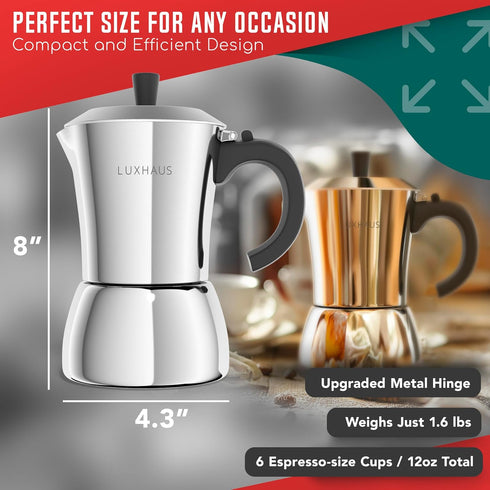 6 100% LuxHaus Moka Pot - Cup Stovetop Espresso Coffee Maker - Stainless Steel Italian and Cuban Mocha Coffee Maker