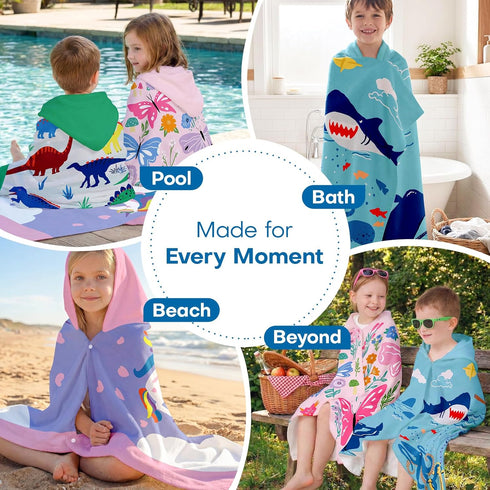Towel Amigo 100% 50"x30" 2 Kids Hooded Beach Towel Cotton, Large Size with Snaps, Soft & Absorbent Bath Poncho