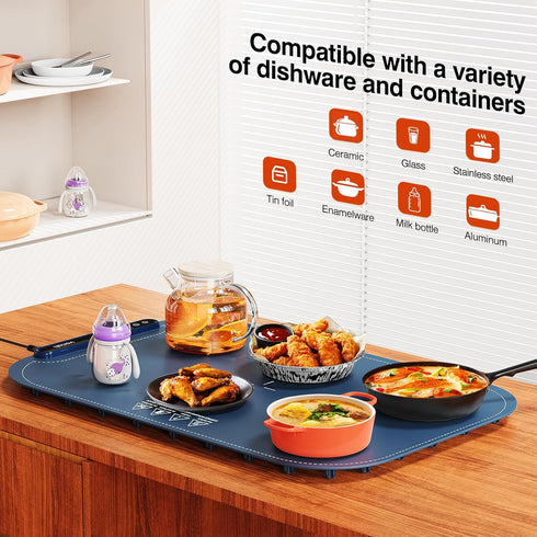 99H 8 Settings, Warming Mat for Food, Voriah Electric Warming Tray with Timer & Temperature Foldable Food Warmer