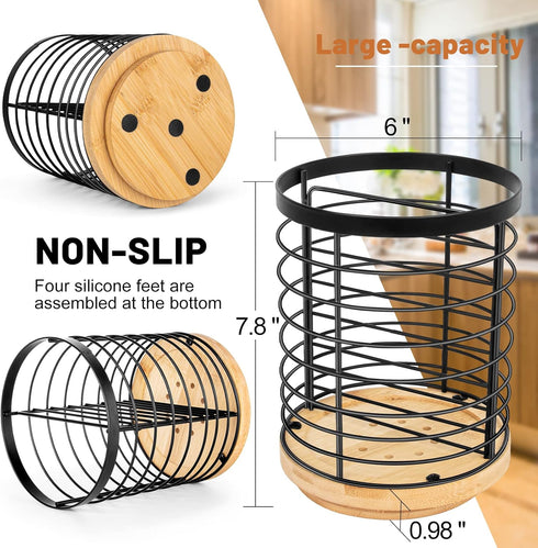 Utensil Holder for Kitchen Counter, Large Cooking Utensil Holder, Black Metal+Bamboo Base Utensil Holder, Breathable and Easy to Dry+Rotating+Drainage Hole, Kitchen Countertop Utensil Organizer